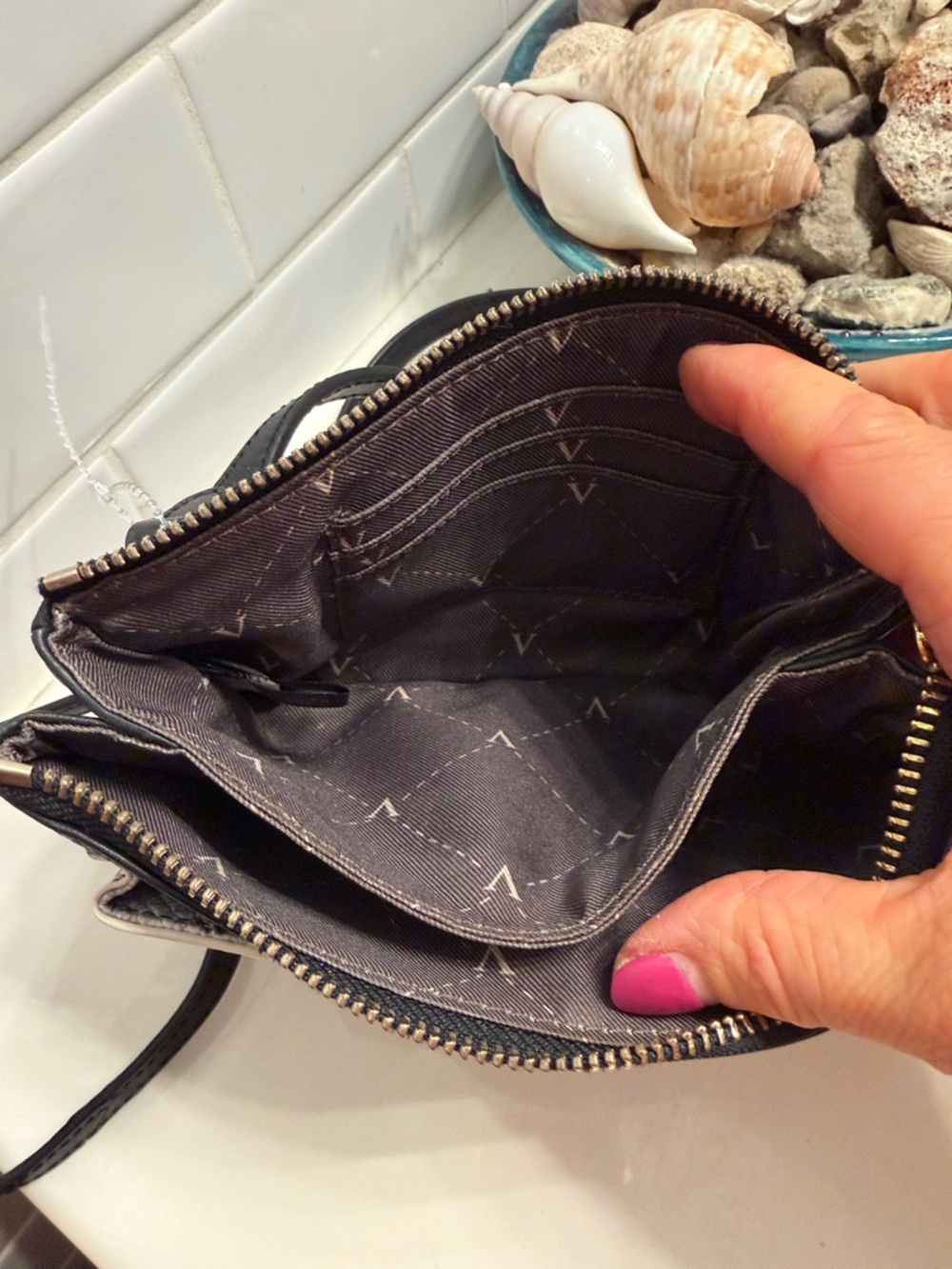 Vince Camuto Black Leather Crossbody with White Snakeskin-Print Panel - Picture 6 of 10